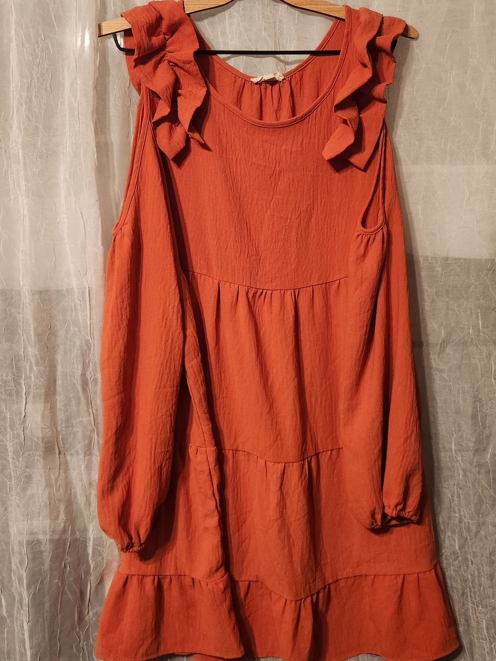 Ruffle Shoulder Long-Sleeve Maxi Dress in Rust Orange